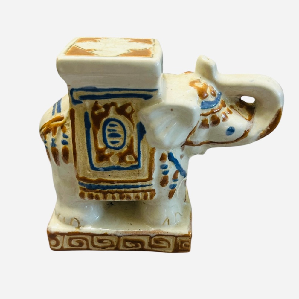 Vintage Cream, Blue and Gold Ceramic Elephant Figurine